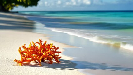 Wall Mural - Bright orange coral resting on smooth white sand near tranquil waves at the shore, Bright orange coral on smooth white sand at shore with gentle waves