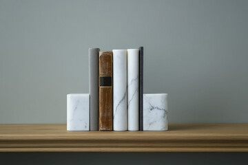 Poster - Elegant white and gray marble bookends holding aged books on a wooden shelf.