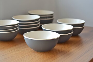 Poster - Stacked grey and cream colored bowls on a wooden surface.