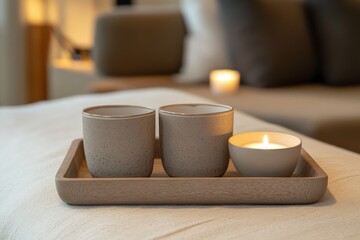 Poster - Elegant, light-toned candles on a wooden tray.