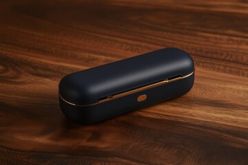 Poster - Dark navy blue wireless earbuds case resting on a wooden surface.