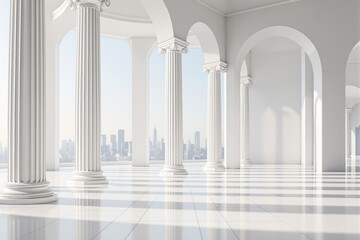 Poster - Elegant white classical building interior with tall columns and arches, minimalist style, bright daylight background, concept of timeless architecture. Ai generative
