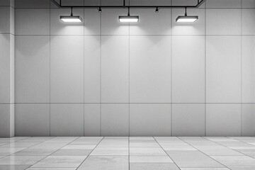 Poster - Empty interior wall with sleek tiles and ceiling lights, minimalistic graphic style, on a neutral background. Concept of modern building design. Ai generative