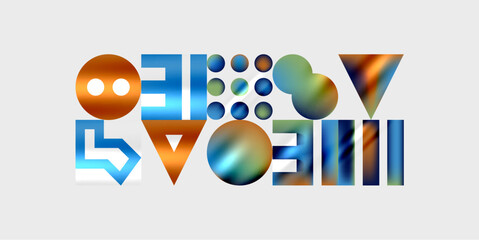 Fototapete - Abstract geometric shapes form colorful design. Circles, squares, triangles combine creating visual interest. Modern aesthetic, simple background.