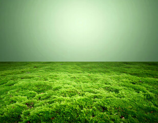 Wall Mural - Lush green mossy surface stretches towards soft, light topaz sky, creating serene and tranquil atmosphere. vibrant greenery contrasts beautifully with gentle sky