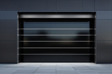 Poster - Sleek modern garage door with horizontal metal panels, minimalist architecture style, set in dark building facade, concept of contemporary exterior design. Ai generative