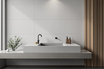 Poster - Modern bathroom sink with clean lines, matte faucet and decor elements in minimalist style, light wall background, concept of interior design. Ai generative