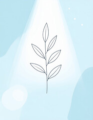 Wall Mural - Simple linear herb sprig reaches toward light in minimal abstract design, set against soft blue background with gentle gradients and subtle light effects