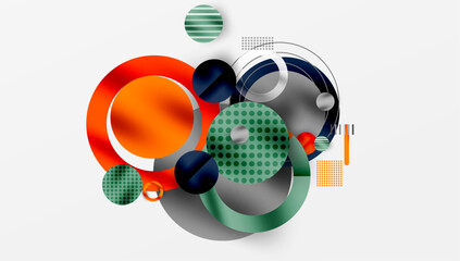 Fototapete - Abstract geometric shapes overlap, creating dynamic composition. Circles, lines, textures combine for modern visual effect.