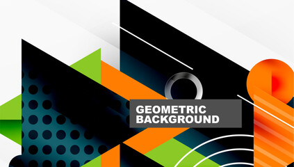 Leinwandbilder - Abstract geometric design. Shapes overlap, creating dynamic visual effect. Colors include orange, green, blue, black, white. Modern style.