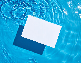Wall Mural - Piece of paper floats on pool surface, creating ripples and reflections in bright blue water, casting distinct shadow