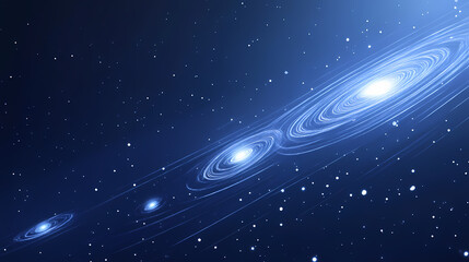 orbital echoes, a cosmic dance of glowing circles amidst a deep blue void with scattered white dust 