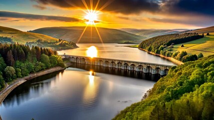 Poster - Serene Sunset Over Tranquil Lake and Majestic Dam A Breathtaking View