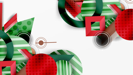 Leinwandbilder - Abstract geometric shapes, red, green hues dominate design. Circles, squares, lines create dynamic composition. Modern, vibrant aesthetic.
