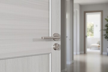 Poster - Close-up of a sleek metallic door handle on a light wood door, realistic style, indoor blurred hallway background, concept of modern interior design. Ai generative