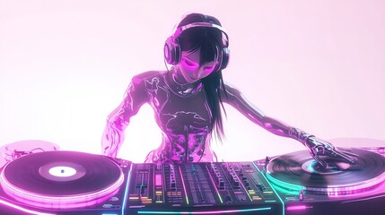 Futuristic DJ woman in metallic suit, illuminated by vibrant pink and purple light