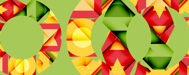 Aufkleber - Abstract geometric shapes form circular patterns. Green background contrasts with red, yellow elements. Modern design, vibrant colors, layered composition.