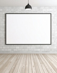Wall Mural - Large blank white canvas is mounted on white brick wall in minimalist room with wooden flooring and black pendant light. setting is simple and modern, ideal for art displays
