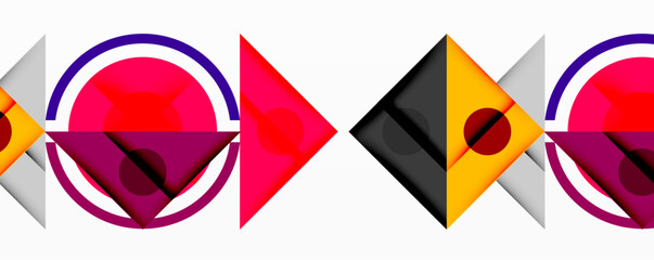 Poster - Abstract geometric shapes, vibrant colors, modern design. Circles, triangles, red, purple, orange dominate composition. Minimalist aesthetic.