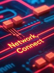 Wall Mural - neon circuit design with network connect text on digital background