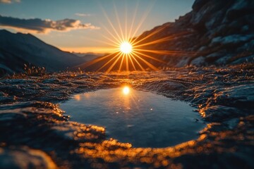 Wall Mural - Sunset or sunrise over rocky mountain landscape with bright starburst sun reflecting in small water pool creating calm and serene atmosphere