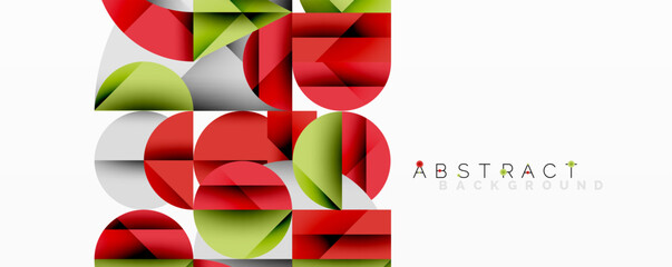 Fototapete - Geometric shapes overlap, creating vibrant red, green, gray pattern. Modern design, clean lines, minimalist aesthetic.