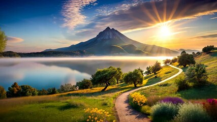 Poster - Tranquil Sunrise Over a Serene Mountain Lake with a Winding Path and Vibrant Wildflowers
