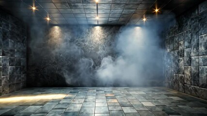 Poster - Dark, empty room with tiled walls, floor, and smoke filling the space under dim lights