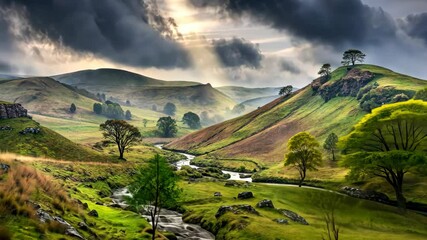 Poster - Serene Valley Landscape with Flowing River and Rolling Hills under Dramatic Sky