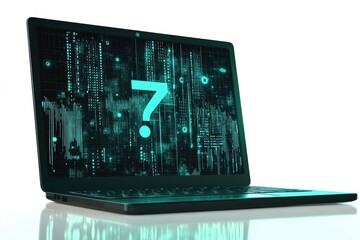 laptop displaying a question mark amidst digital code