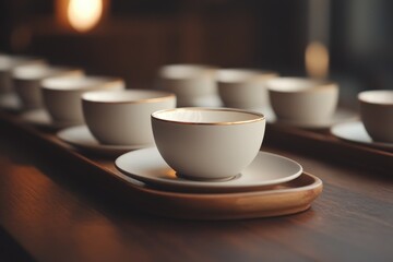 Poster - A row of delicate, light-colored teacups on a wooden tray.
