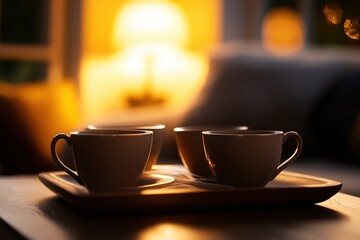Poster - Four teacups on a tray, warm interior light