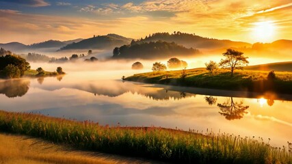 Poster - Golden Sunrise over a Serene Lake and Rolling Hills with a Touch of Mist