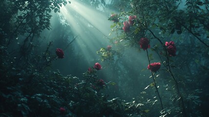 Wall Mural - a serene forest scene captured in soft light. vibrant red roses bloom amidst lush greenery. nature s