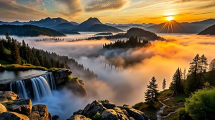 Poster - Tranquil Waterfall Cascades into Misty Valley at Golden Sunrise