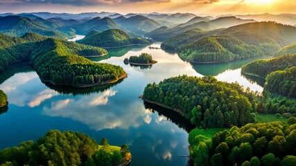 Poster - Serene Lake Islands at Sunset Reflecting the Golden Hour Light