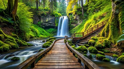 Poster - Serene wooden bridge pathway leading to a majestic waterfall in a lush green forest