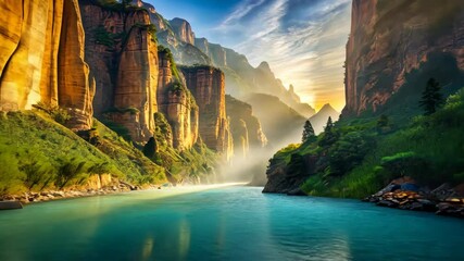 Poster - Tranquil teal river flows through a majestic canyon at sunrise