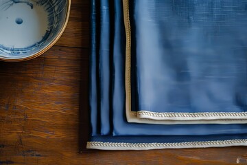 Poster - Stacked dark-blue fabrics on a wooden surface.