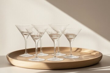 Poster - Elegant martini glasses arranged on a wooden tray.