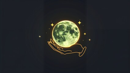 Wall Mural - hand holding moon line art glowing in the dark on plain dark background