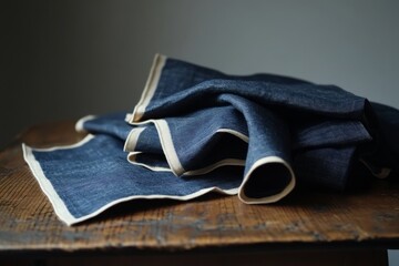 Poster - Indigo linen fabric draped on a wooden surface.