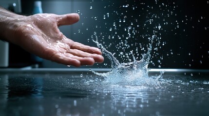 Poster - Water splashing from hand kitchen environment close-up action shot dramatic light nature concept