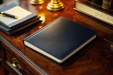Poster - Navy blue leather-bound journal resting on a wooden desk.