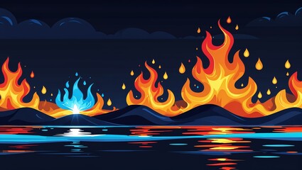 Wall Mural - water and fire elements painting glowing in the dark on plain dark background