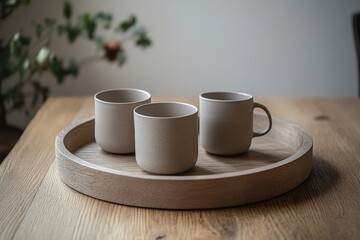Poster - Three light gray ceramic mugs on a wooden tray.