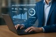 © pippadigs - A businessman analyzes key performance indicators (KPIs) and productivity metrics on a transparent digital interface.
