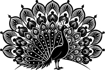  Elegant peacock with tail displaying open feathers black and white, peacock, bird, animal, wildlife, feather, ornate, design, illustration, vector, graphic, drawing, silhouette, art, elegant, monochro