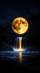 Wall Mural - a large orange moon is above a waterfall