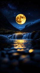 Wall Mural - a large yellow moon is shining over a river